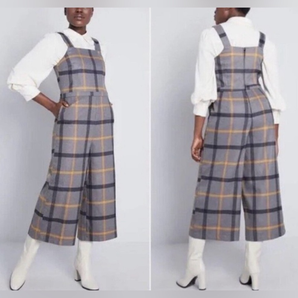 ModCloth Gray and Mustard Plaid Pinafore Jumpsuit
